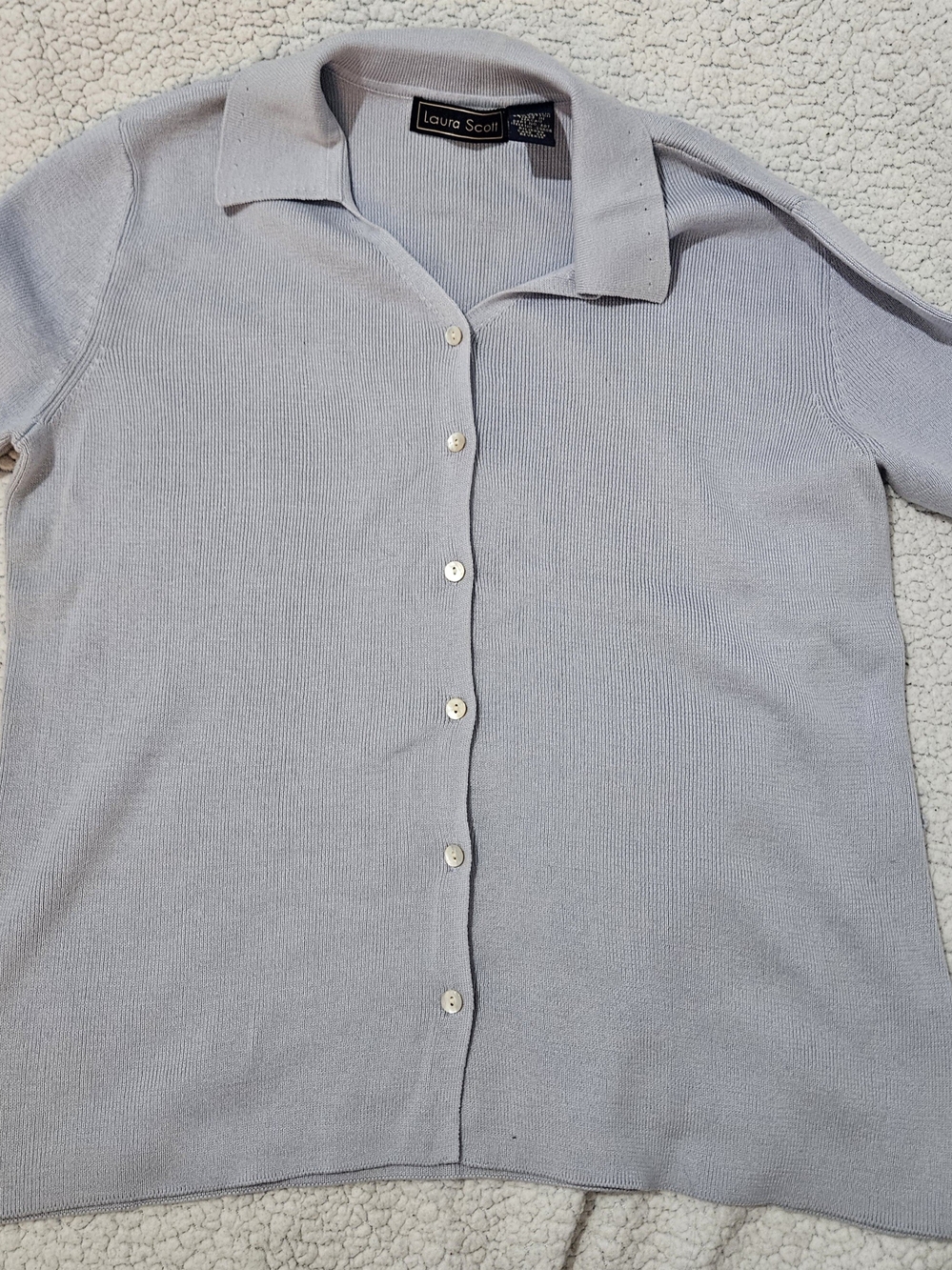 Laura Scott Light Gray Short-Sleeve Knit Button-Down Shirt